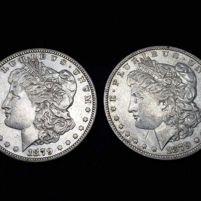 #416: Two 1879 Morgan Silver Dollars
New Orleans and San Francisco Mint, 2.7g each J33