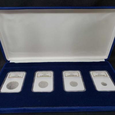 #406: Cased 4 Piece Set of 2004 Platinum Eagle Bullion Coins MS 69
Each coins is .9995 Platinum. Set Includes 1 oz $100 coin, 1/2 oz $50...
