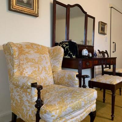 Toile Wingback Armchair, Vanity with Stool