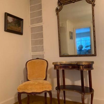 Marble Top Vanity with Brass Rail, Gilt Mirror