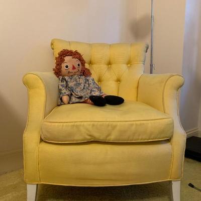 Vintage Raggedy Ann Doll, Yellow Armchair with Tufted Back