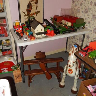 Ride on wood airplane, Ride on metal horse, misc. toys 