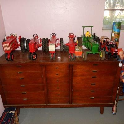 Mid-century dresser & metal tractors