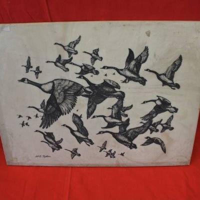 Geese take Flight Etching in Stone Slate