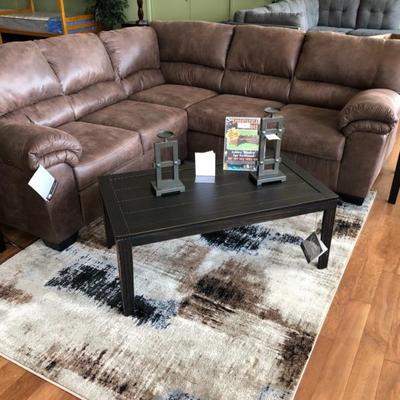 Leather Sectional Sofa, Coffee Table, Rug, & Decor