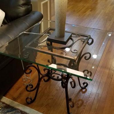 Glass bevel top, custom iron base, end table pair, italy