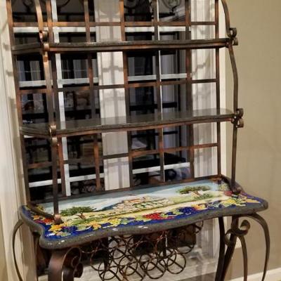 Baker's Rack with wine holder, custom iron, lava composite, handpainted top of Wine Country Italy