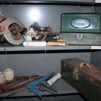 Contents of 2 Shelves - Circular Saw, Toolboxes an ...