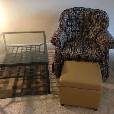 Coffee Table, Lazyboy Club chair (swivels and rocks), Leather Storage Ottoman