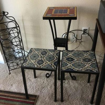 Tile top tables and Iron Wine Rack