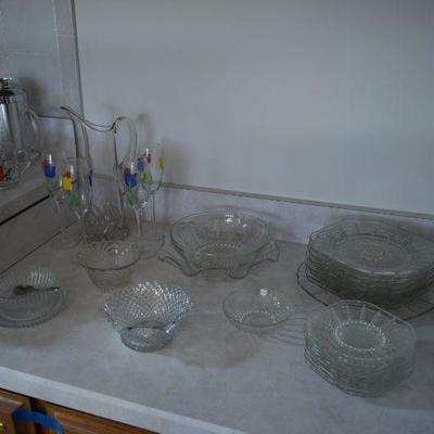 Glass Serving Bowls, Plates, Pitcher, Stemware