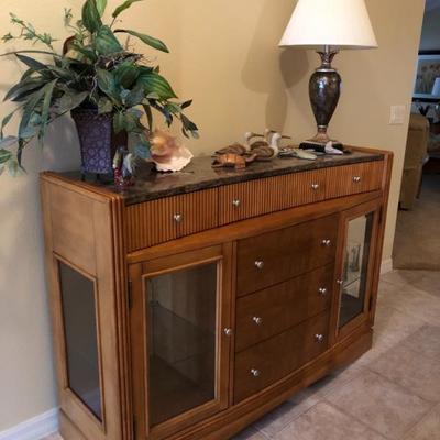 Server/credenza w/Natural Stone Solid Surface Top & Glass-Front Doors 