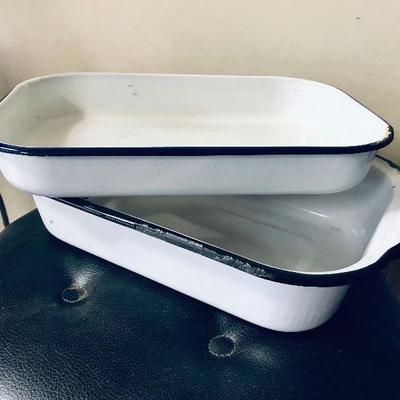 Vintage enamel white / blue  and white / black medical trays.
