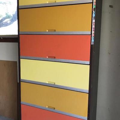 Vintage orange and yellow steel tab office cabinets. Mid-Century. Really good condition. Great colors! $250