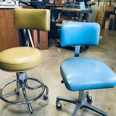 Vintage vinyl and chrome rolling chairs. Left (mustard) @ $65. Right (lt blue) @ $55