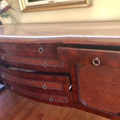 Matching "Furnitureland South" Server/Buffet with Travertine Top and Woven Front.       (74"W  25"D  39-1/2"H)...