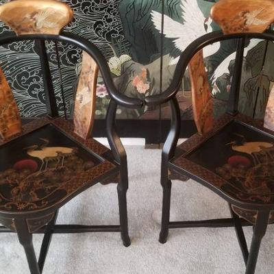 Pair of finely painted Chinese corner chairs with cranes
