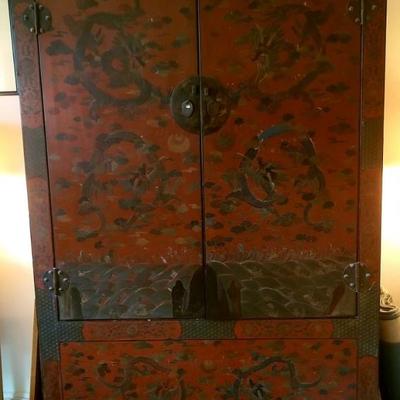Red lacquer and highly painted Chinese cabinet