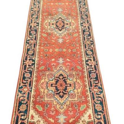 Wonderful Heriz design Handmade wool runner Traditional rich colors and geometric design. Perfect for any hallway.  2.7 x 12.4