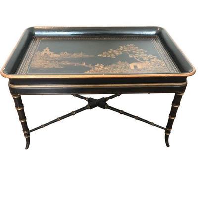 Stunning oversized, high-quality Chinoiserie tray table, black and gold finish. Wonderful piece to be used as an accent throughout the...