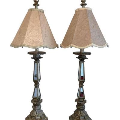Pair of ornate mirror and lamps, one of the lamps has damage at the base and missing mirrors. 