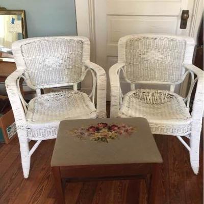 Wicker Chairs and Needlepoint Covered Bench