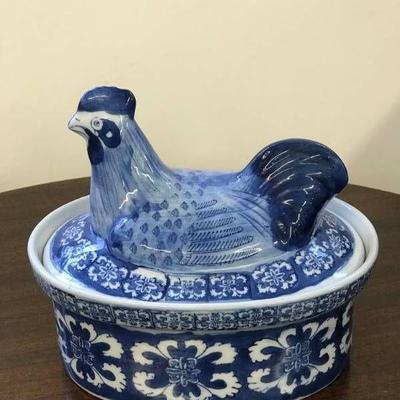 Blue and White Dish with Chicken Lid