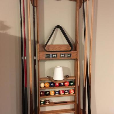 Hanging billiard rack. Includes complete set of billiard balls and cues