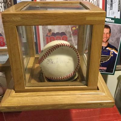 Stan Musial & Red Schoendienst autographed baseball with wooden/glass case, see next photo for Redâ€™s Signature 