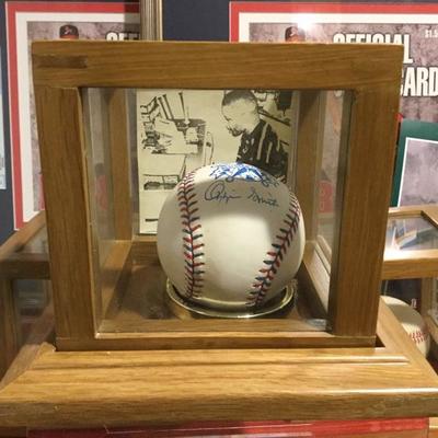Ozzie Smith autographed baseball with wooden/glass case
