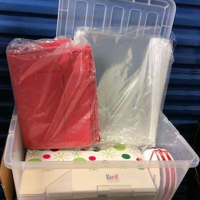 WFF036 Storage Bin of Christmas Gift Boxes, Tissue Paper, Cellophane & Ribbon