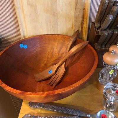 Large wooden salad bowl with servers