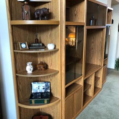Oak Entertainment Center with Smoked Glass Doors, Cabinets & Shelves 
	 (66