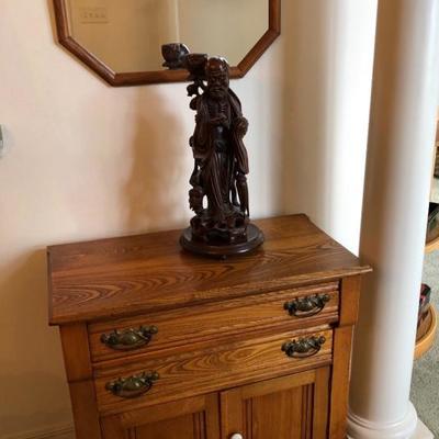 Small Antique Oak Cabinet with 2 Drawers and Cupboard -                                	(31-1/2