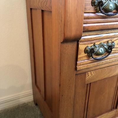 Small Antique Oak Cabinet with 2 Drawers and Cupboard -                                	(31-1/2