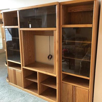 Oak Entertainment Center with Smoked Glass Doors, Cabinets & Shelves 
	 (66