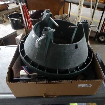 Lot with Christmas tree holder, small fan, cords a ...