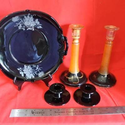 Black(Purple) Glass Lot with Beautiful Plate and 2 ...