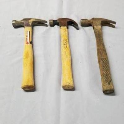 Lot of 3 Wood Handled Claw Hammers