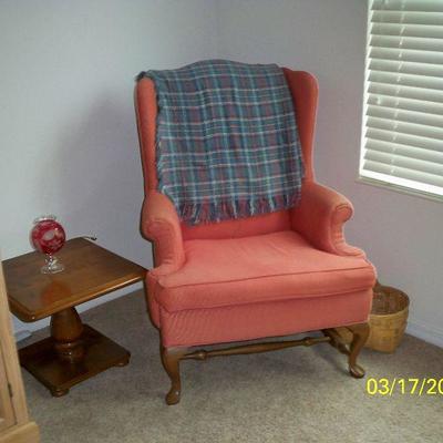 Wing Back Chair; 2nd Wood Pedestal End Table.