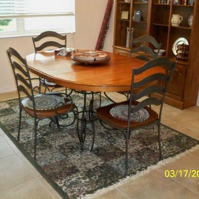 Wrought Iron and Wood Table with 4 chairs and 1 leaf;  Area Rug - 5'3