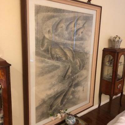 Antique large hand painted koi painting. Korean, painted by buddhist monk