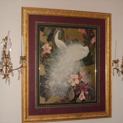 FRAMED PEACOCK ART AND 2 SCONCE