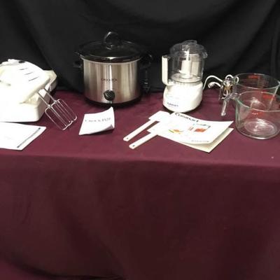Kitchen Items, Crock Pot, Mixer, Food Processor, and 2 Measuring Cups