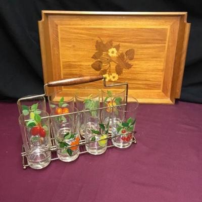 Vintage 8 Piece Glass Set and Wooden Tray