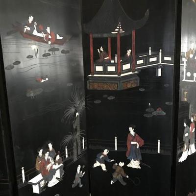 Antique Black Lacquer Chinoiserie 6 Panel Chinese Scenes Hand Carved and painted Screen