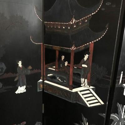 Antique Black Lacquer Chinoiserie 6 Panel Chinese Scenes Hand Carved and painted Screen