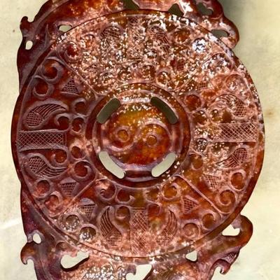 Red Jade Hand Carved Chinese Medallion