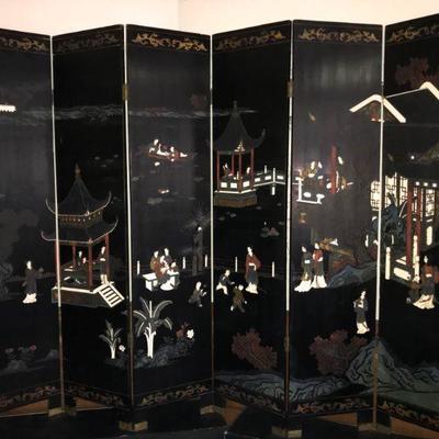 Antique Black Lacquer Chinoiserie 6 Panel Chinese Scenes Hand Carved and painted Screen