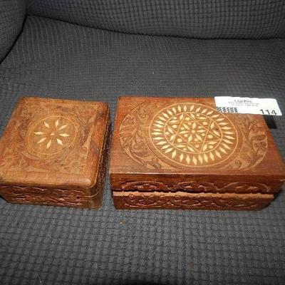 Lot of 2 carved wooden boxes - CONTENTS INCLUDED